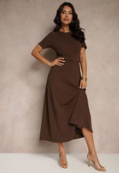 Brązowa Sukienka o Rozkloszowanym Kroju z Ozdobnym Paskiem Desiliena. Brązowe sukienki damskie Renee, na spotkanie biznesowe, m, bez wzorów, z denimu, eleganckie, bez kołnierzyka, bez ramiączek, maxi, kopertowe. Za 109.99 zł.