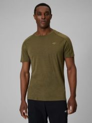 4F Koszulka trekkingowa z wełną merino męska - khaki S. Brązowe t-shirty męskie 4f, l, bez wzorów, z wełny, bez kołnierzyka. Za 199.99 zł.