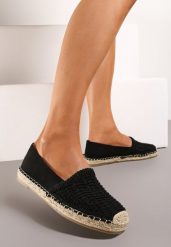 Czarne Płaskie Espadryle z Ekozamszu Ozdobione Jutą Lemiala. Czarne espadryle damskie Renee, na lato, z aplikacjami, z jeansu, klasyczne, bez obcasa, na obcasie, bez zapięcia. Za 54.99 zł.