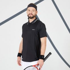 Koszulka polo do tenisa męska Artengo Dry. Czarne koszulki polo męskie ARTENGO, m, bez wzorów, z elastanu, bez kołnierzyka, bez ramiączek, tenisowe. Za 69.99 zł.