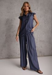 Granatowy Komplet z Wiskozą Bluzka z Kołnierzem i Spodnie Wide Leg Naunne. Niebieskie spodnie materiałowe damskie Renee, na lato, bez wzorów, z wiskozy. Za 99.99 zł.