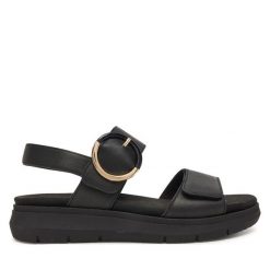 Sandały Remonte. Czarne sandały damskie Remonte, bez wzorów, bez obcasa, na płaskiej podeszwie, bez zapięcia. Za 369.99 zł.