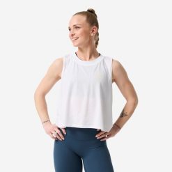 Koszulka fitness crosstraining damska Domyos bez rękawów. Białe koszulki sportowe damskie DOMYOS, l, bez wzorów, z materiału, bez kołnierzyka, bez ramiączek, na fitness i siłownię. Za 89.99 zł.