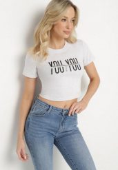 Jasnoszary Bawełniany T-shirt z Napisem i Łańcuchem Olimelia. Szare bluzki damskie Born2be, m, bez wzorów, z bawełny, bez kołnierzyka. Za 34.99 zł.