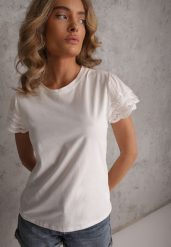 Biały T-shirt z Bawełny z Rękawami z Koronki Hycis. Białe bluzki damskie Renee, m, bez wzorów, z bawełny, bez kołnierzyka, bez ramiączek. Za 69.99 zł.
