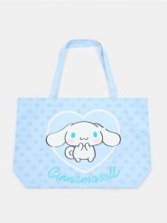 Materiałowa torba shopper z nadrukiem Cinnamoroll - błękitny. Niebieskie torebki shopper damskie Sinsay, bez wzorów, z materiału, z nadrukiem, bez dodatków. Za 29.99 zł.