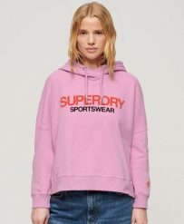 Luźna bluza z kapturem z logo odzieży sportowej. Niebieskia bluzy damskie Superdry., bez wzorów, z bawełny, z kapturem. Za 292.60 zł.