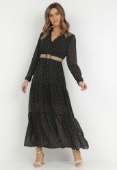 Czarna Sukienka Z Paskiem Deinene. Czarne sukienki damskie Born2be, l, bez wzorów, bez kołnierzyka, bez ramiączek, maxi, kopertowe. Za 149.99 zł.