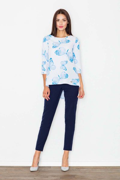 Bluzka z Rękawem do Łokcia Wzór Motyle. Niebieskie bluzki damskie Figl, l, bez wzorów, z materiału, bez kołnierzyka, bez ramiączek. Za 179.00 zł.