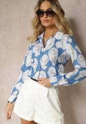 Niebieska Koszula z Artystycznym Printem w Twarze Frumelia. Niebieskie bluzki damskie Renee, m, bez wzorów, z jeansu, biznesowe, bez kołnierzyka, bez ramiączek. Za 59.99 zł.