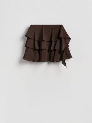 Spódnica mini z falbanami - ciemnobrązowy. Brązowe spódnice damskie Reserved, l, bez wzorów, z tkaniny, mini, proste. Za 109.99 zł.