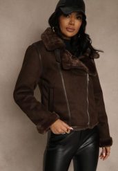 Brązowa Kurtka Biker z Imitacji Zamszu Zdobiona Futerkiem Awedora. Brązowe kurtki damskie Renee, l, z aplikacjami, z jeansu, bez kaptura. Za 259.99 zł.
