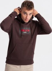 Ombre Męska bluza klasyczna kangurka z nadrukiem - ciemnobrązowa V2 OM-SSPS-0150 M. Brązowe bluzy męskie Ombre, m, bez wzorów, bez kaptura. Za 59.99 zł.