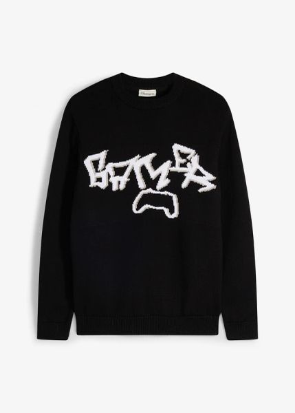 Sweter z grubej dzianiny z czystej bawełny. Czarne swetry dla chłopców bonprix, bez wzorów, z bawełny, bez kołnierzyka, bez kaptura. Za 77.99 zł.