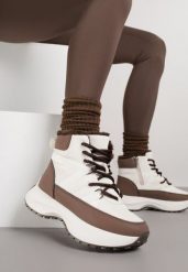 Beżowo-Brązowe Sportowe Śniegowce Chunky na Platformie Ishweda. Brązowe obuwie sportowe damskie Renee, bez wzorów, z jeansu. Za 119.99 zł.