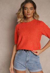 Pomarańczowy Sweter z Wełną Krótkim Rękawem Ozdobiony Ściągaczami Emiralin. Brązowe swetry damskie Renee, uniwersalny, bez wzorów, z jeansu, casualowe, bez kołnierzyka, bez ramiączek, krótkie, bez kaptura. Za 99.99 zł.