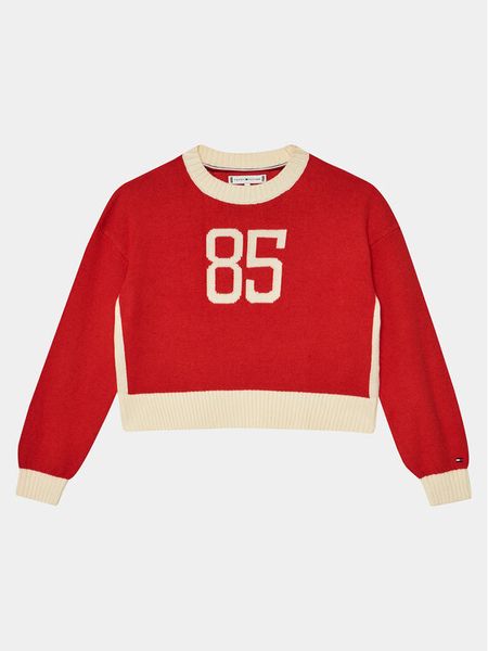 Tommy Hilfiger Sweter 85 Varsity Sweater KG0KG07770 Czerwony Regular Fit. Czerwone swetry dla dziewczynek Tommy Hilfiger, bez wzorów, z bawełny, bez kołnierzyka, bez ramiączek, bez kaptura. Za 239.99 zł.