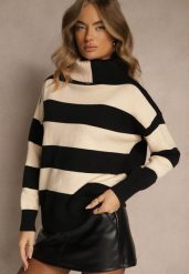 Czarno-Beżowy Golf w Geometryczny Wzór w Paski Rallessia. Czarne swetry damskie Renee, s, bez wzorów, z jeansu, eleganckie, bez kołnierzyka, bez ramiączek, bez kaptura. Za 89.99 zł.