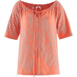 Tunika shirtowa, krótki rękaw bonprix łososiowy z nadrukiem. Tuniki damskie marki bonprix. Za 27.99 zł.