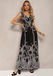 Czarna Sukienka z Gumką w Pasie i Troczkami na Ramionach z Roślinnym Wzorem Ahnipeda. Czarne sukienki damskie Renee, na spotkanie biznesowe, l, bez wzorów, eleganckie, bez kołnierzyka, bez ramiączek, maxi. Za 44.99 zł.