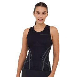Bezrękawnik damski z wąskim ramiączkiem Brubeck FITNESS. Czarne koszulki sportowe damskie Brubeck, bez wzorów, z elastanu, bez kołnierzyka, bez ramiączek, na fitness i siłownię. W wyprzedaży za 42.49 zł.