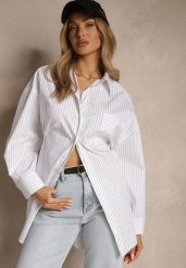 Biała Bawełniana Koszula z Ozdobną Kieszenią i Paskami Haloniea. Białe bluzki damskie Renee, z aplikacjami, z bawełny, eleganckie, bez kołnierzyka, bez ramiączek. Za 99.99 zł.