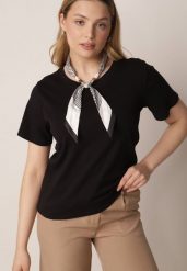 Czarny T-shirt z Bawełny w Klasycznym Stylu z Apaszką Bluestel. Czarne bluzki damskie Born2be, l, bez wzorów, z bawełny, biznesowe, bez kołnierzyka, bez ramiączek. Za 69.99 zł.