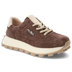 Sneakersy damskie Filippo o sportowym fasonie z jasnymi sznurówkami subtelnym logo i masywną podeszwą z bieżnikiem ciemnobrązowe, DP7498/26 D BR. Brązowe półbuty damskie Filippo, z aplikacjami, z jeansu, eleganckie, bez obcasa, na platformie, bez zapięcia. Za 219.00 zł.
