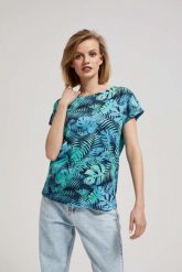 T-shirt z tropikalnym wzorem. Bluzki damskie MOODO, bez wzorów, z bawełny, bez kołnierzyka. W wyprzedaży za 23.99 zł.