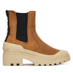 Sztyblety Pepe Jeans. Brązowe botki damskie Pepe Jeans, z jeansu, bez obcasa, na płaskiej podeszwie, bez zapięcia. Za 399.99 zł.