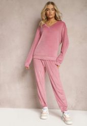 Różowy Komplet Dresowy z Weluru Luźna Bluza z Dekoltem w V i Elastyczne Spodnie z Kieszeniami Esparkia. Czerwone bluzy damskie Renee, l, bez wzorów, z dresówki, bez kaptura. Za 89.99 zł.