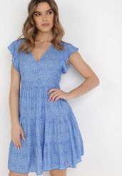 Niebieska Sukienka Diomanassa. Niebieskie sukienki dla dziewczynek Born2be, na lato, bez wzorów, z tkaniny, bez ramiączek. Za 49.99 zł.