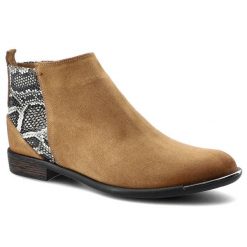 Botki damskie Carinii, naturalna skóra zamszowa z kontrastową wstawką o fakturze skóry węża z tyłu cholewki oraz niskim stabilnym obcasem, rude, B567. Brązowe kozaki damskie Carinii, z jeansu, bez obcasa, na obcasie. Za 269.00 zł.