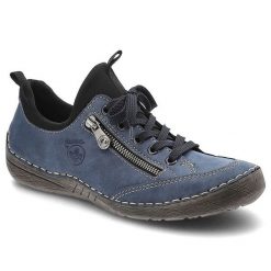 Niebieskie Półbuty Rieker Wygodne Buty Damskie. Niebieskie półbuty damskie Rieker, na wiosnę, bez wzorów, ze skóry ekologicznej, biznesowe, bez obcasa, bez zapięcia. Za 349.00 zł.