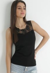 Czarny Top Bawełniany z Ozdobną Koronką Sheva. Czarne bluzki damskie Born2be, l, bez wzorów, z bawełny, biznesowe, bez kołnierzyka, bez ramiączek. Za 19.99 zł.
