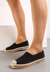 Czarne Ażurowe Espadryle na Plecionej Podeszwie z Ozdobnym Noskiem Uraian. Czarne espadryle damskie Renee, w ażurowe wzory, ze skóry, bez obcasa, bez zapięcia. Za 39.99 zł.