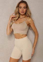 Beżowe Elastyczne Szorty Biker o Fasonie Bodycon Marelliam. Brązowe szorty sportowe damskie Renee, l, z aplikacjami, z materiału, sportowe. Za 29.99 zł.