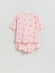 Wzorzysta piżama dwuczęściowa - różowy. Czerwone piżamy damskie Reserved, l, bez wzorów, z bawełny, bez ramiączek. Za 69.99 zł.