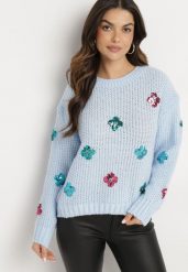 Jasnoniebieski Sweter z Tłoczonej Dzianiny z Wiskozą Zdobiony Cekinowymi Kwiatami Edamara. Niebieskie swetry damskie Born2be, l, z aplikacjami, z dzianiny, klasyczne, bez kołnierzyka, bez ramiączek, długie, bez kaptura. Za 89.99 zł.