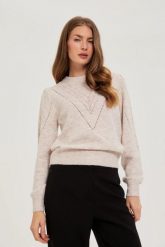 Sweter z bufiastymi rękawami beżowy. Brązowe swetry damskie MOODO, l, bez wzorów, z elastanu, bez kołnierzyka, bez ramiączek, bez kaptura. Za 139.99 zł.