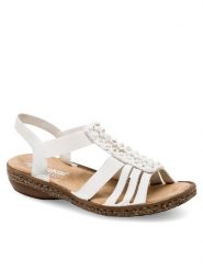 Rieker Sandały 62809-60 Biały. Białe klapki damskie Rieker, bez wzorów, z syntetyku, bez obcasa, na płaskiej podeszwie, bez zapięcia. Za 299.99 zł.