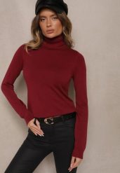 Bordowy Casualowy Golf z Wiskozą i Modalem Lannetora. Czerwone swetry damskie Renee, z aplikacjami, z jeansu, biznesowe, bez kołnierzyka, bez ramiączek, bez kaptura. Za 44.99 zł.