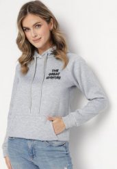 Jasnoszara Bluza z Kapturem i Nadrukiem Masunes. Szare bluzy damskie Born2be, l, bez wzorów, z polaru, z kapturem. Za 84.99 zł.