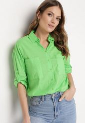 Zielona Bawełniana Koszula Klasyczna z Kieszeniami Sasana. Zielone bluzki damskie Born2be, l, bez wzorów, z bawełny, eleganckie, bez kołnierzyka, bez ramiączek. Za 99.99 zł.