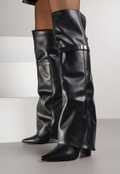Czarne Eleganckie Kozaki za Kolano z Cholewką Imitującą Nogawkę Zenesseria. Czarne kozaki damskie Renee, z satyny, za kolano, bez obcasa, na obcasie. Za 189.99 zł.