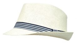 Przewiewny Męski Kapelusz, Letni, Beżowy, Trilby, Letni z Granatowym Paskiem, Pako Jeans. Brązowe czapki i kapelusze męskie Pako Jeans, na lato, bez wzorów, z jeansu, klasyczne. Za 55.00 zł.