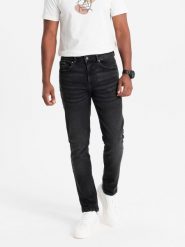 Spodnie męskie jeansowe SLIM FIT - czarne V1. Czarne spodnie materiałowe męskie Ombre Clothing, m, bez wzorów, z bawełny, klasyczne. W wyprzedaży za 69.99 zł.