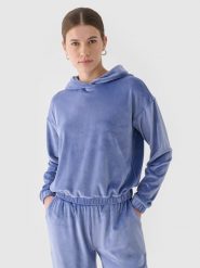 4F Bluza dresowa z weluru nierozpinana z kapturem damska - granatowa XS. Niebieskie bluzy sportowe damskie 4f, xs, bez wzorów, z dresówki, z kapturem. W wyprzedaży za 59.99 zł.