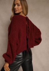 Bordowy Kardigan z Wełną o Kroju Oversize z Wiązanymi Kokardami Elearina. Czerwone kardigany damskie Renee, bez wzorów, z jeansu, eleganckie. Za 149.99 zł.