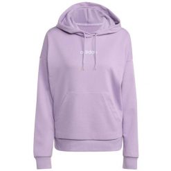 Adidas Essentials Linear French Terry Hoodie damska. Fioletowe swetry damskie Adidas, na zimę, bez wzorów, z bawełny, bez kołnierzyka, bez ramiączek, z kapturem. Za 200.99 zł.